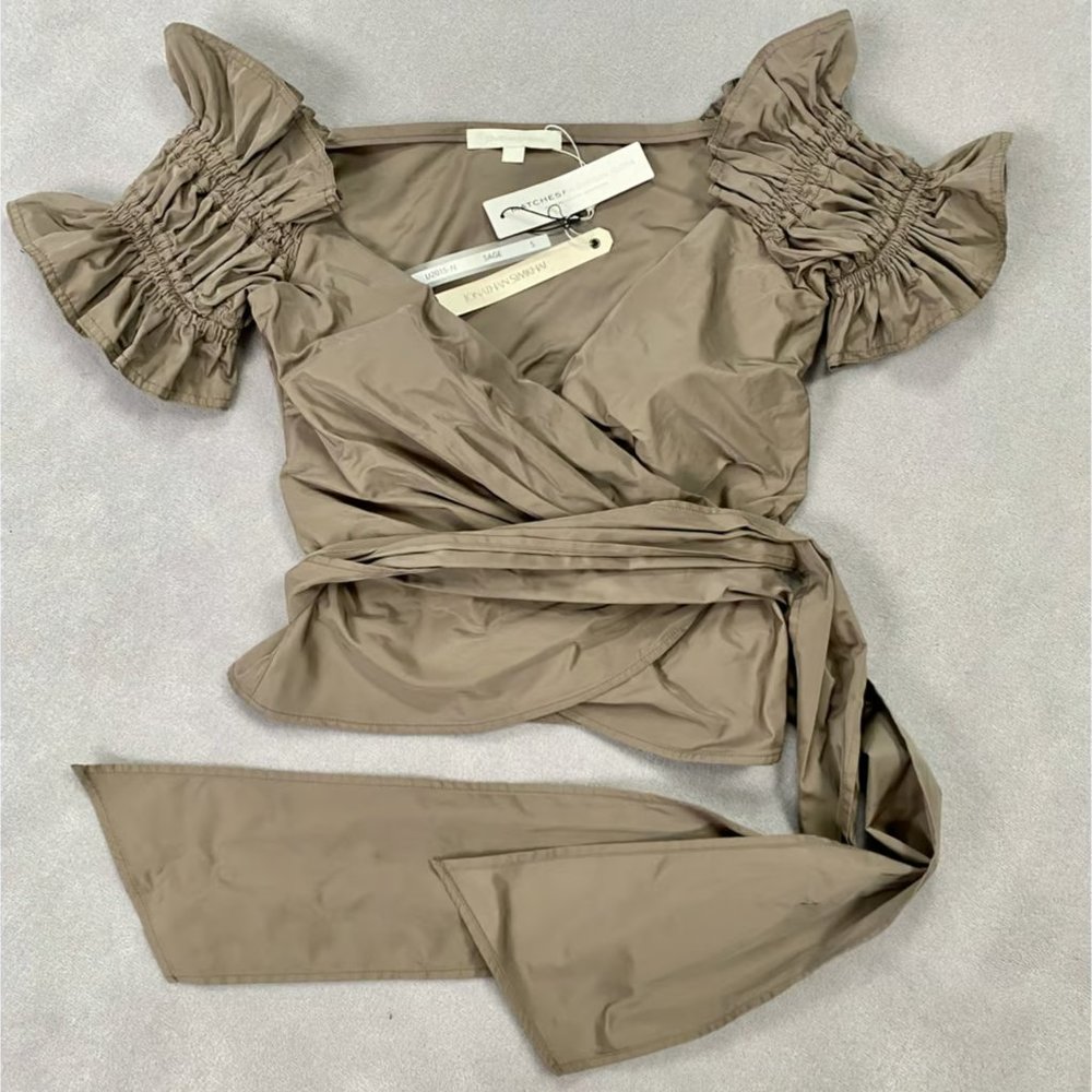 JONATHAN SIMKHAI  Taffeta Ruffle Wrap Tie Off Shoulder Cap Sleeves Crop Top